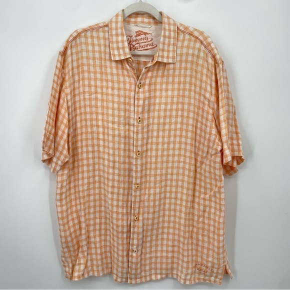 Tommy Bahama Relax Sz XL 100% Linen Short Sleeve Button Down orange check plaid - Picture 1 of 7